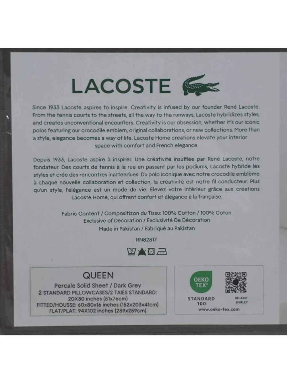 Lacoste 100% Cotton Percale Queen Sheet Set Dark Grey Crocodile Logo